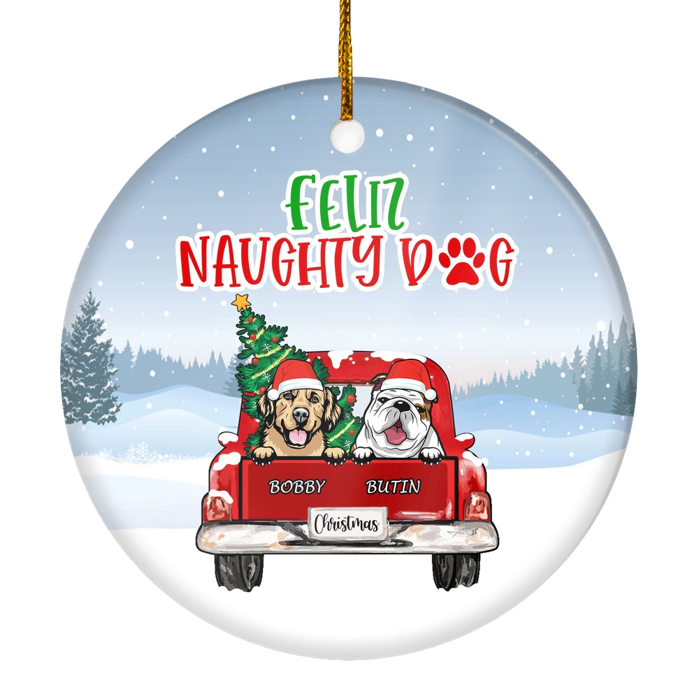 Personalized Dog Ornament Christmas Red Feliz Naughty Dog Pet Custom Gift for Dog Lovers Customized Christmas Tree Ornament | teecentury