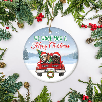Personalized Dog Ornament Red Car We Woof You A Merry Christmas Pet Custom Gift For Dog Lovers Customized Christmas Tree Ornament | teecentury