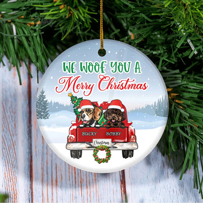 Personalized Dog Ornament Red Car We Woof You A Merry Christmas Pet Custom Gift For Dog Lovers Customized Christmas Tree Ornament | teecentury
