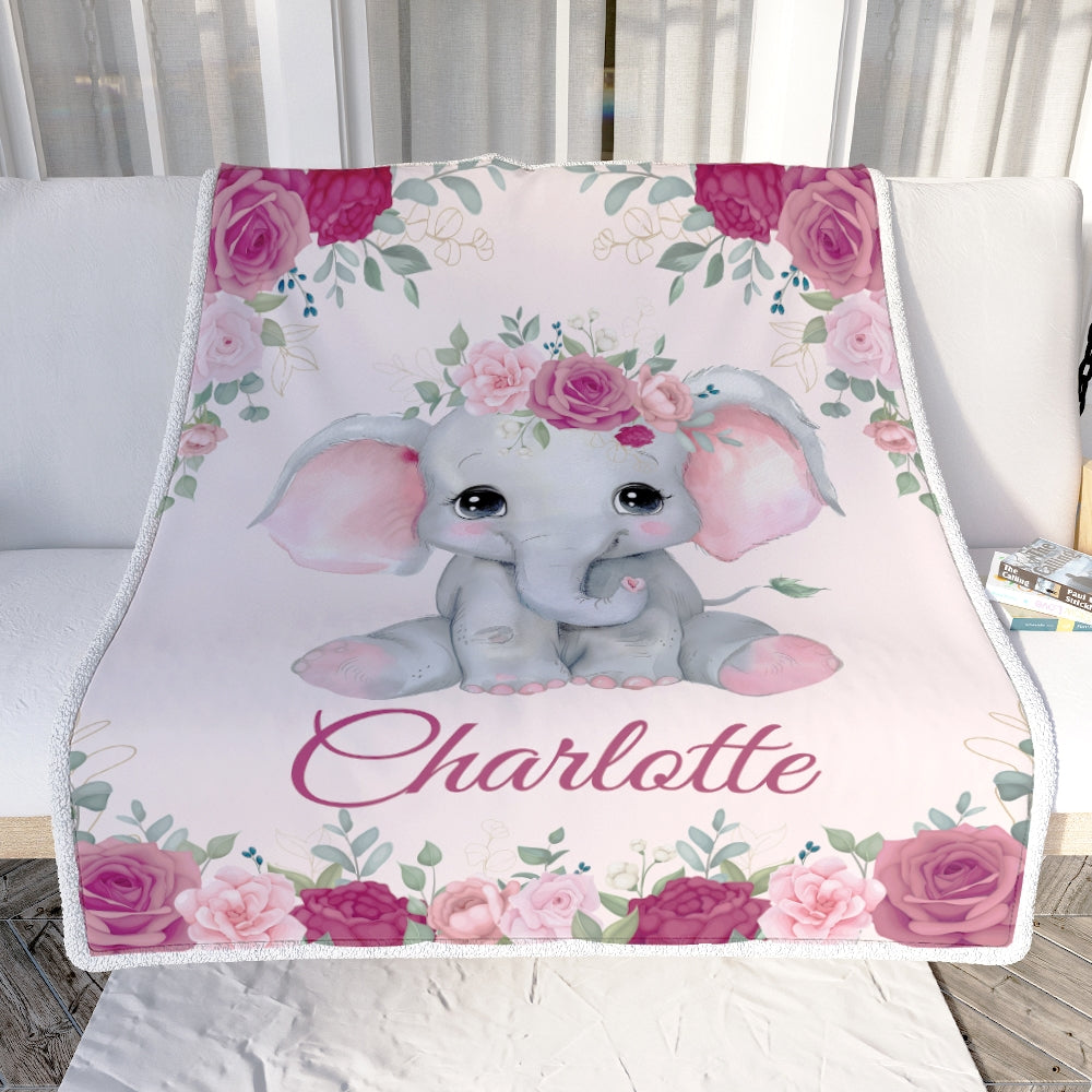 Personalized Elephant Baby Girl Blanket Custom Name Newborn Floral Girl Daughter Niece Granddaughter Birthday Christmas Customized Bed Fleece Throw Blanket | teecentury