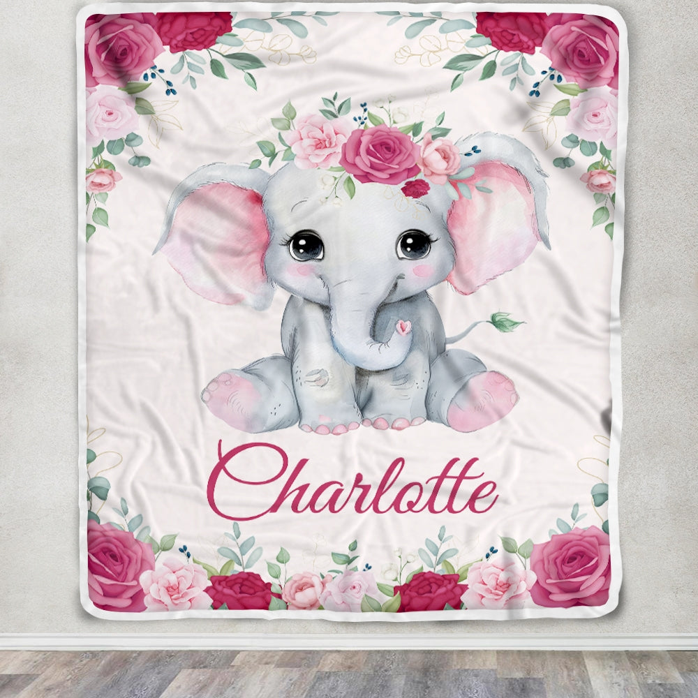 Personalized Elephant Baby Girl Blanket Custom Name Newborn Floral Girl Daughter Niece Granddaughter Birthday Christmas Customized Bed Fleece Throw Blanket | teecentury