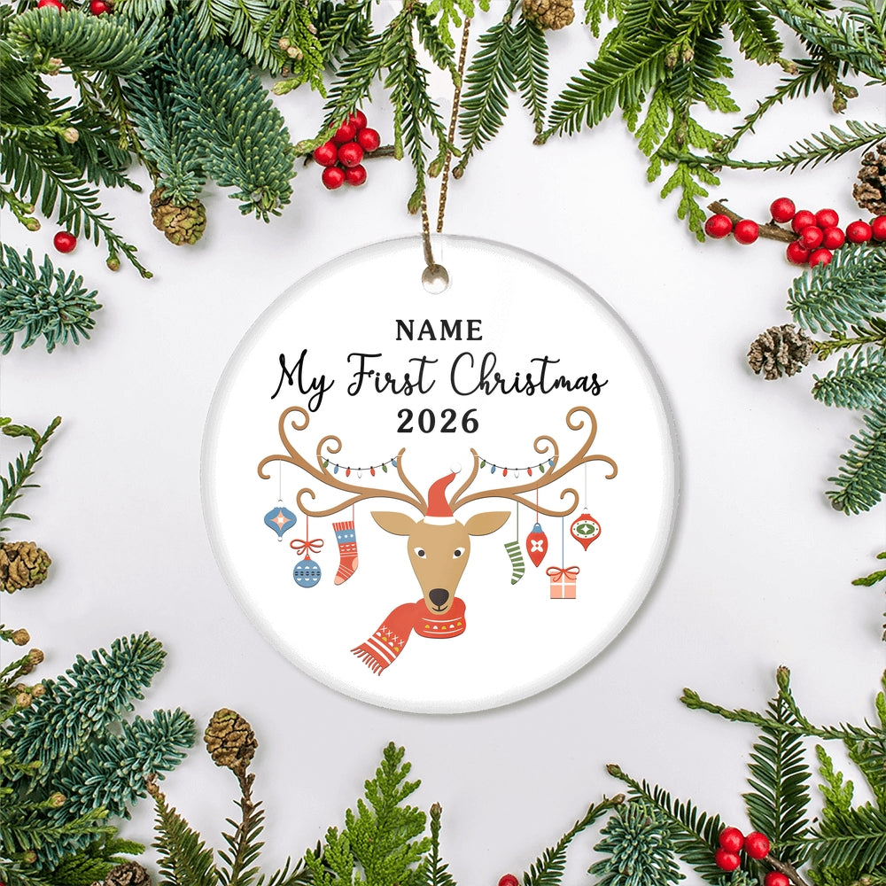 Personalized First Christmas Baby Ornament Custom Baby's Name Cute Deer First Baby (02) Customized Christmas Tree Ornament | teecentury