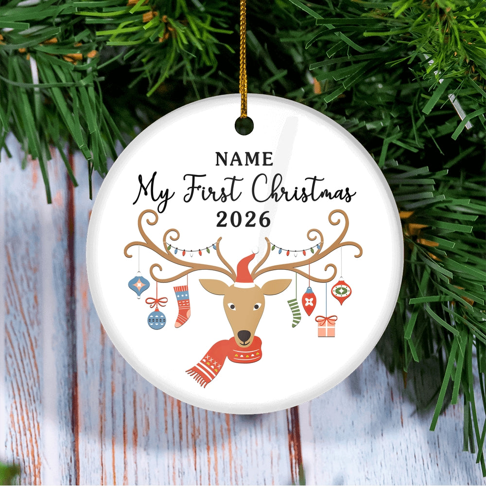 Personalized First Christmas Baby Ornament Custom Baby's Name Cute Deer First Baby (02) Customized Christmas Tree Ornament | teecentury