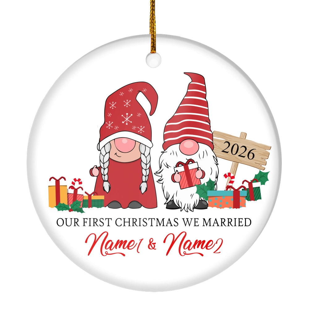 Personalized First Christmas We Married Ornament 2025 Funny Gifts Couple Gnome Family Holiday Customized Christmas Tree Ornament | teecentury