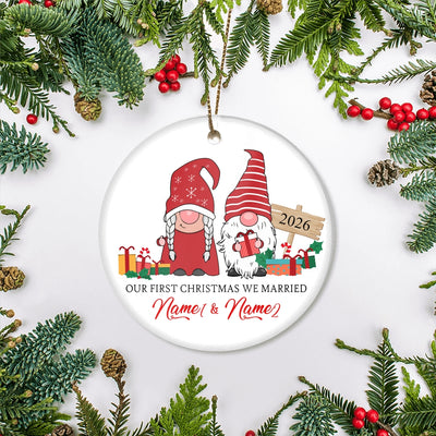 Personalized First Christmas We Married Ornament 2025 Funny Gifts Couple Gnome Family Holiday Customized Christmas Tree Ornament | teecentury