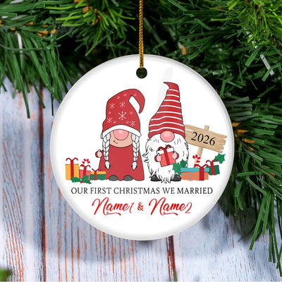 Personalized First Christmas We Married Ornament 2025 Funny Gifts Couple Gnome Family Holiday Customized Christmas Tree Ornament | teecentury