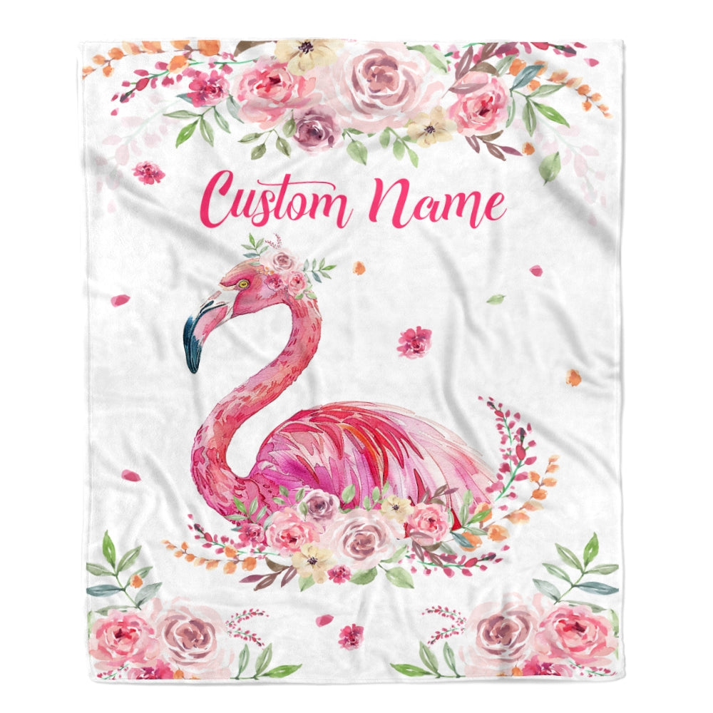 Personalized Flamingo Blanket Custom With Name Floral Flower Newborn Baby Girl Flamingo Daughter Granddaughter Niece Birthday Christmas Fleece Throw Blanket | teecentury