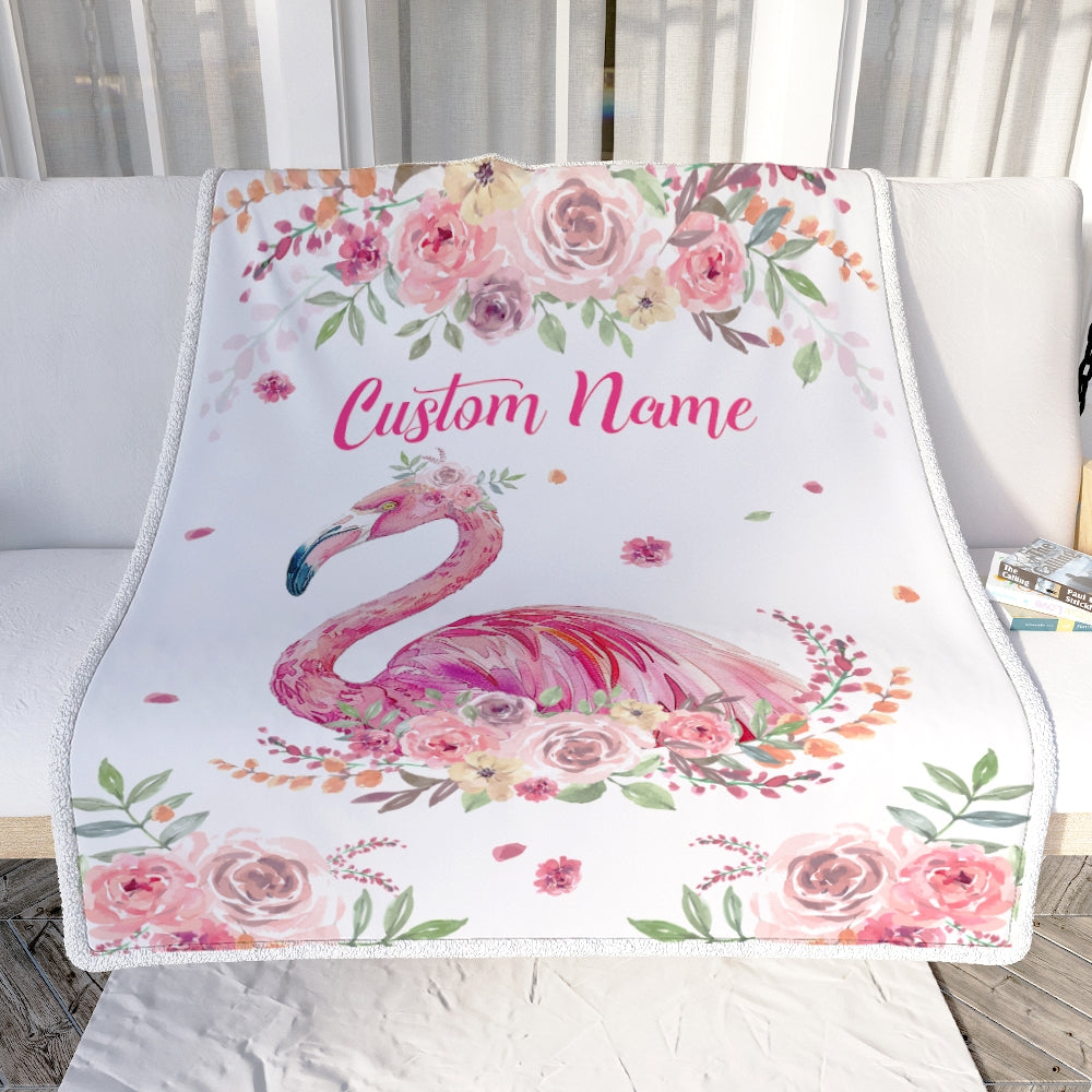 Personalized Flamingo Blanket Custom With Name Floral Flower Newborn Baby Girl Flamingo Daughter Granddaughter Niece Birthday Christmas Fleece Throw Blanket | teecentury
