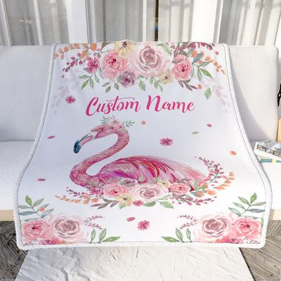 Personalized Flamingo Blanket Custom With Name Floral Flower Newborn Baby Girl Flamingo Daughter Granddaughter Niece Birthday Christmas Fleece Throw Blanket | teecentury