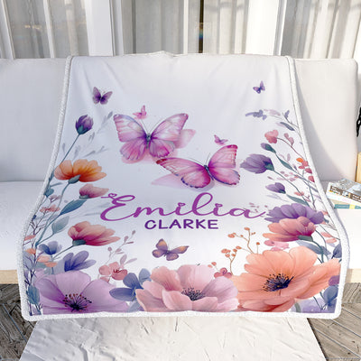 Personalized Floral Baby Blanket For Girls Custom Name Flowers Butterflies Nursery Decor Gift For Babies Shower Toddler Newborn Christmas Fleece Throw Blanket | teecentury