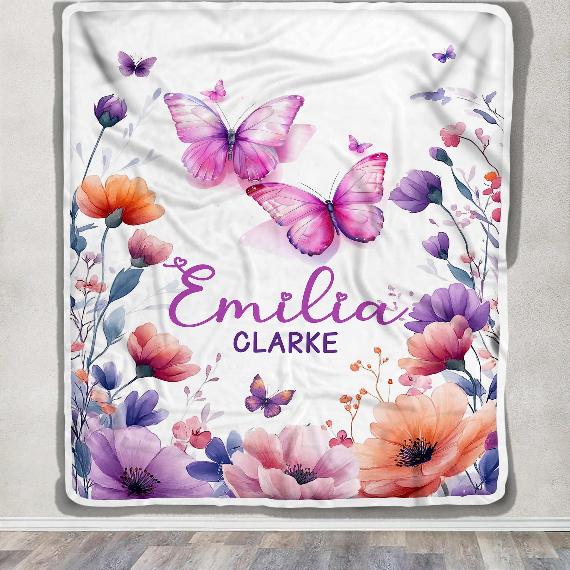 Personalized Floral Baby Blanket For Girls Custom Name Flowers Butterflies Nursery Decor Gift For Babies Shower Toddler Newborn Christmas Fleece Throw Blanket | teecentury