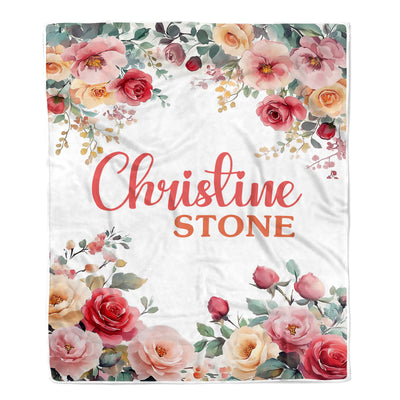 Personalized Floral Baby Blanket For Girls Custom Name Roses Flowers Nursery Bedding Gift Babies Shower Toddler Newborn Birthday Christmas Fleece Throw Blanket | teecentury