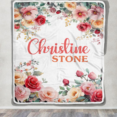 Personalized Floral Baby Blanket For Girls Custom Name Roses Flowers Nursery Bedding Gift Babies Shower Toddler Newborn Birthday Christmas Fleece Throw Blanket | teecentury