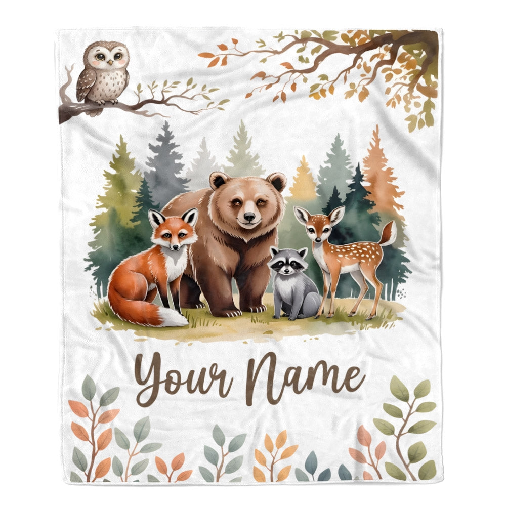 Personalized Forest Animals Baby Blanket With Custom Name Bear Fox Deer Raccoon Woodland Nursery Theme Bedding Gift For Boys Birthday Christmas Fleece Blanket | teecentury