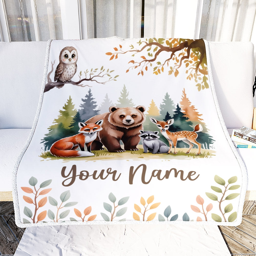 Personalized Forest Animals Baby Blanket With Custom Name Bear Fox Deer Raccoon Woodland Nursery Theme Bedding Gift For Boys Birthday Christmas Fleece Blanket | teecentury
