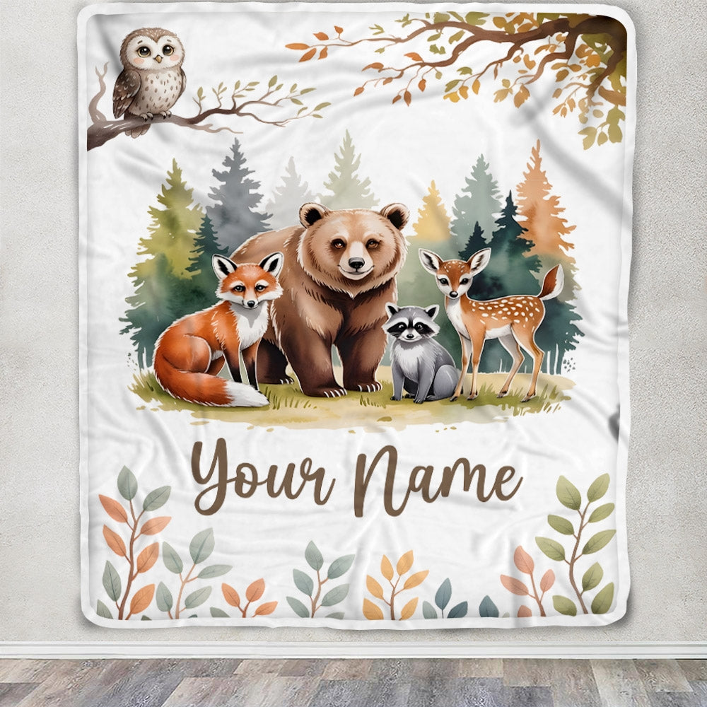 Personalized Forest Animals Baby Blanket With Custom Name Bear Fox Deer Raccoon Woodland Nursery Theme Bedding Gift For Boys Birthday Christmas Fleece Blanket | teecentury