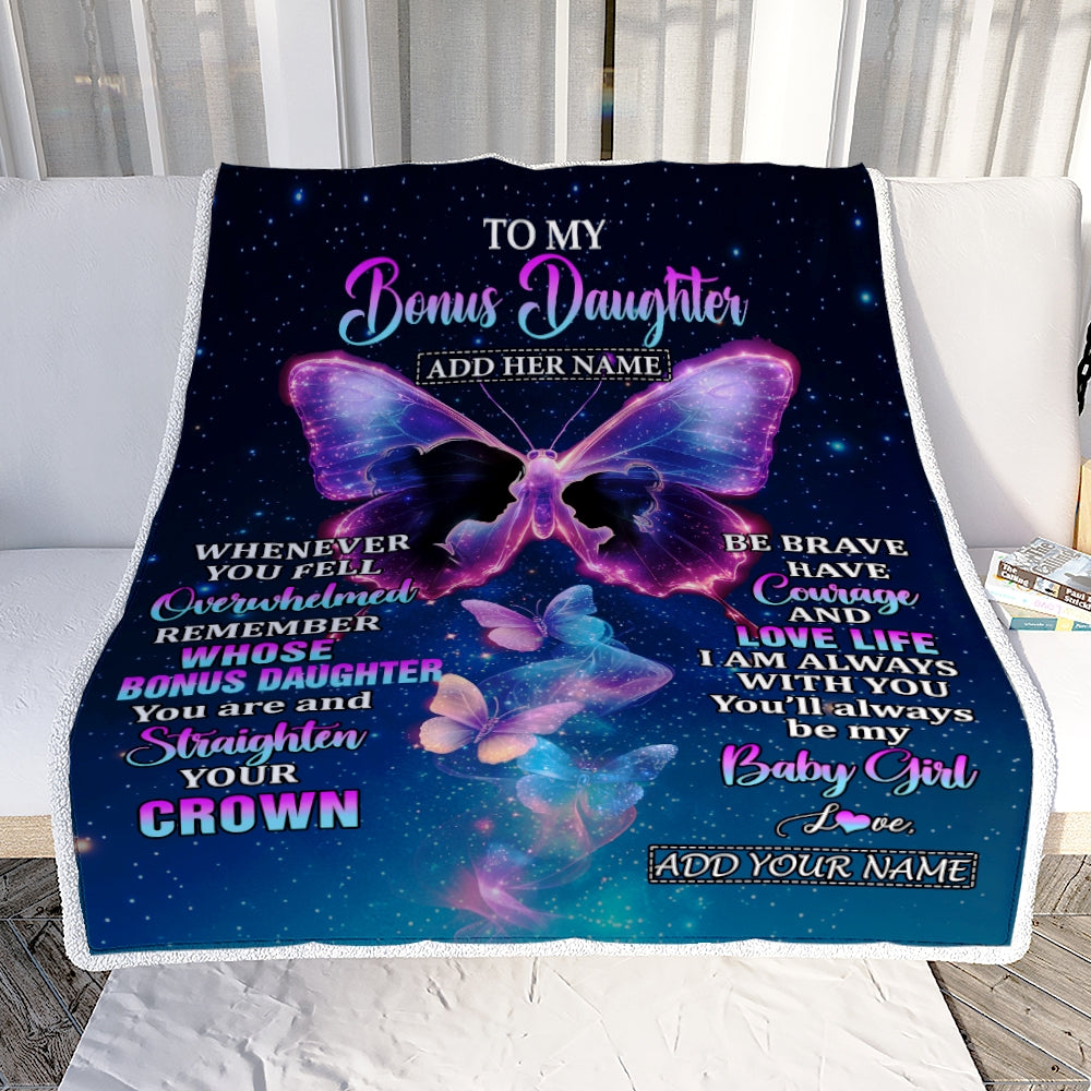 Personalized Gift For My Bonus Daughter From Stepmom Blanket Butterfly Straighten Your Crown Stepdaughter Gifts Birthday Valentines Christmas Fleece Blanket | teecentury