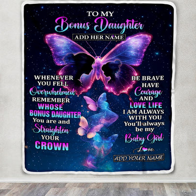 Personalized Gift For My Bonus Daughter From Stepmom Blanket Butterfly Straighten Your Crown Stepdaughter Gifts Birthday Valentines Christmas Fleece Blanket | teecentury