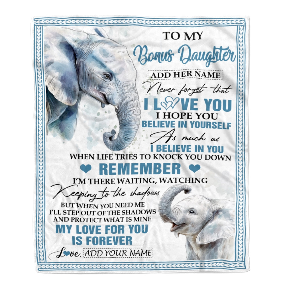 Personalized Gifts For Bonus Daughter Blanket From Stepmother Dad Elephant My Love For You Is Forever Stepdaughter Birthday Gifts Christmas Fleece Blanket | teecentury