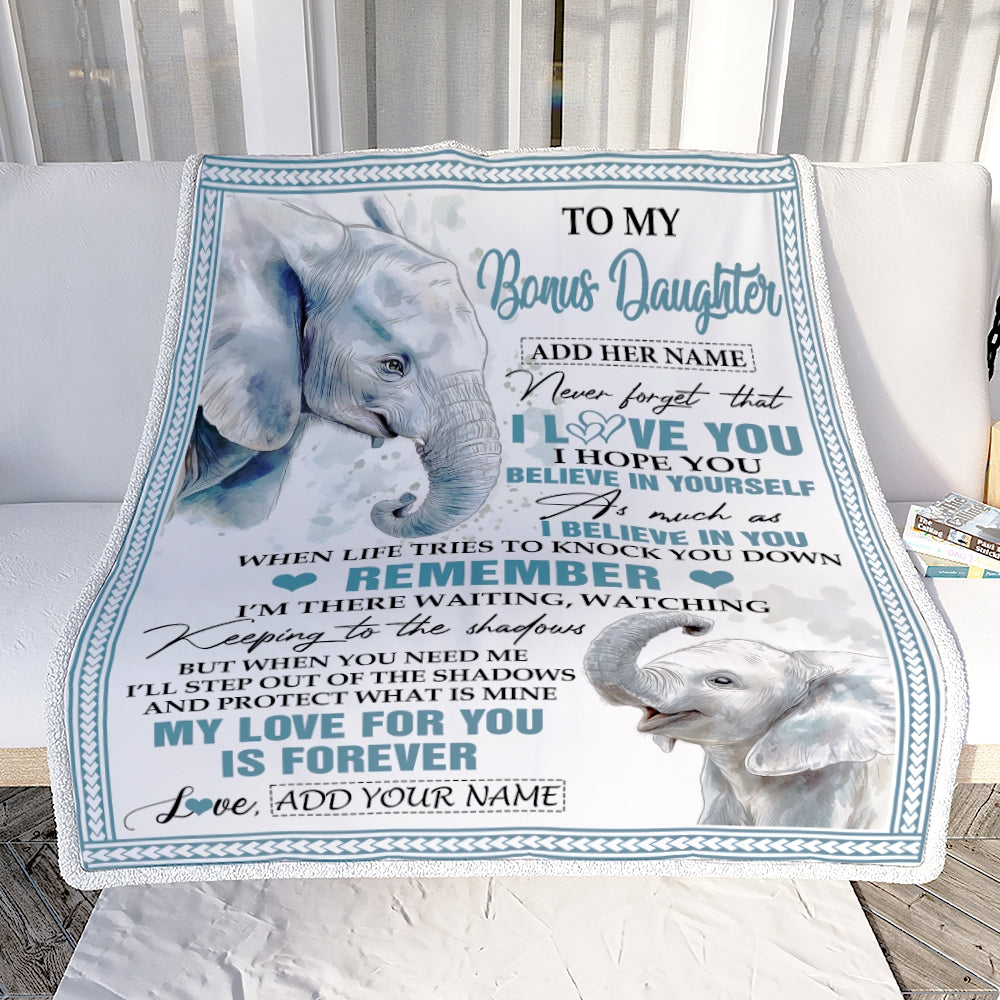 Personalized Gifts For Bonus Daughter Blanket From Stepmother Dad Elephant My Love For You Is Forever Stepdaughter Birthday Gifts Christmas Fleece Blanket | teecentury