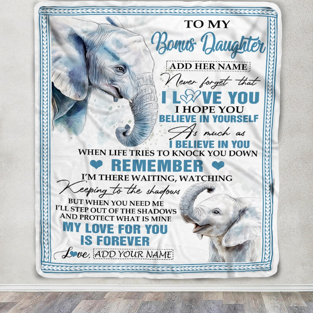 Personalized Gifts For Bonus Daughter Blanket From Stepmother Dad Elephant My Love For You Is Forever Stepdaughter Birthday Gifts Christmas Fleece Blanket | teecentury