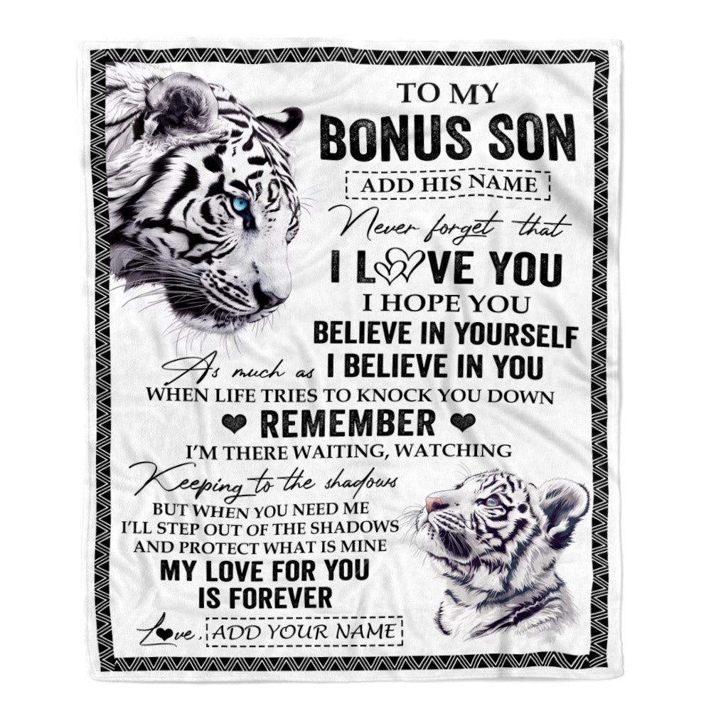 Personalized Gifts For Bonus Son Blanket From Stepmother Stepdad White Tiger My Love For You Is Forever Stepson Birthday Gifts Christmas Custom Fleece Blanket | teecentury