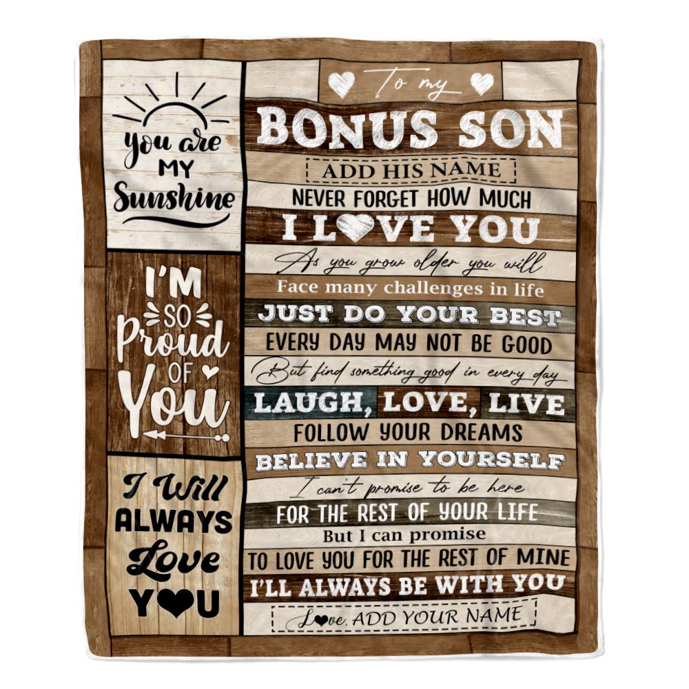 Personalized Gifts For Bonus Son From Stepmom Stepdad Blanket Wood Love You Fathers Day Stepson Gifts Birthday Graduation Christmas Customized Fleece Blanket | teecentury