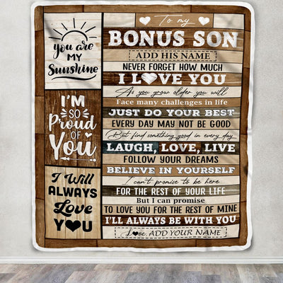 Personalized Gifts For Bonus Son From Stepmom Stepdad Blanket Wood Love You Fathers Day Stepson Gifts Birthday Graduation Christmas Customized Fleece Blanket | teecentury