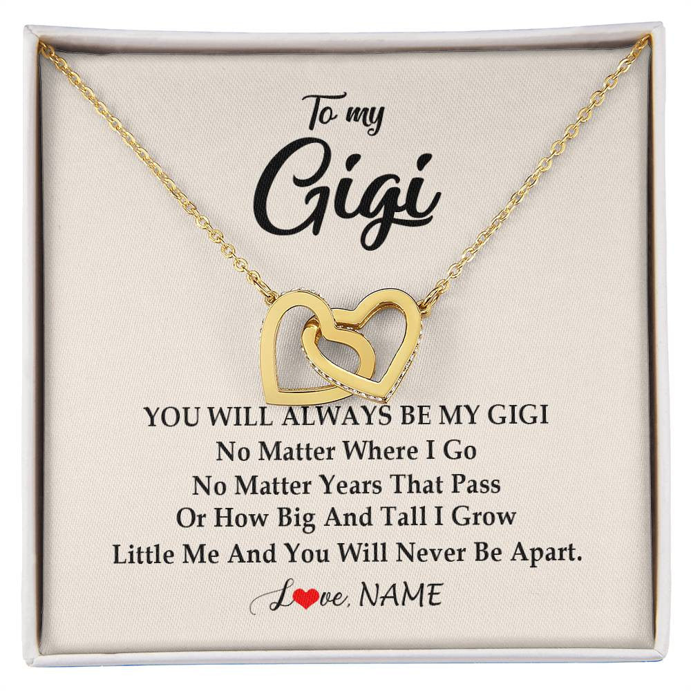 Interlocking Hearts Necklace 18K Yellow Gold Finish | Personalized Gigi Necklace From Grandkids Granddaughter Grandson You Will Always Be My Gigi Birthday Mothers Day Christmas Customized Gift Box Message Card | teecentury