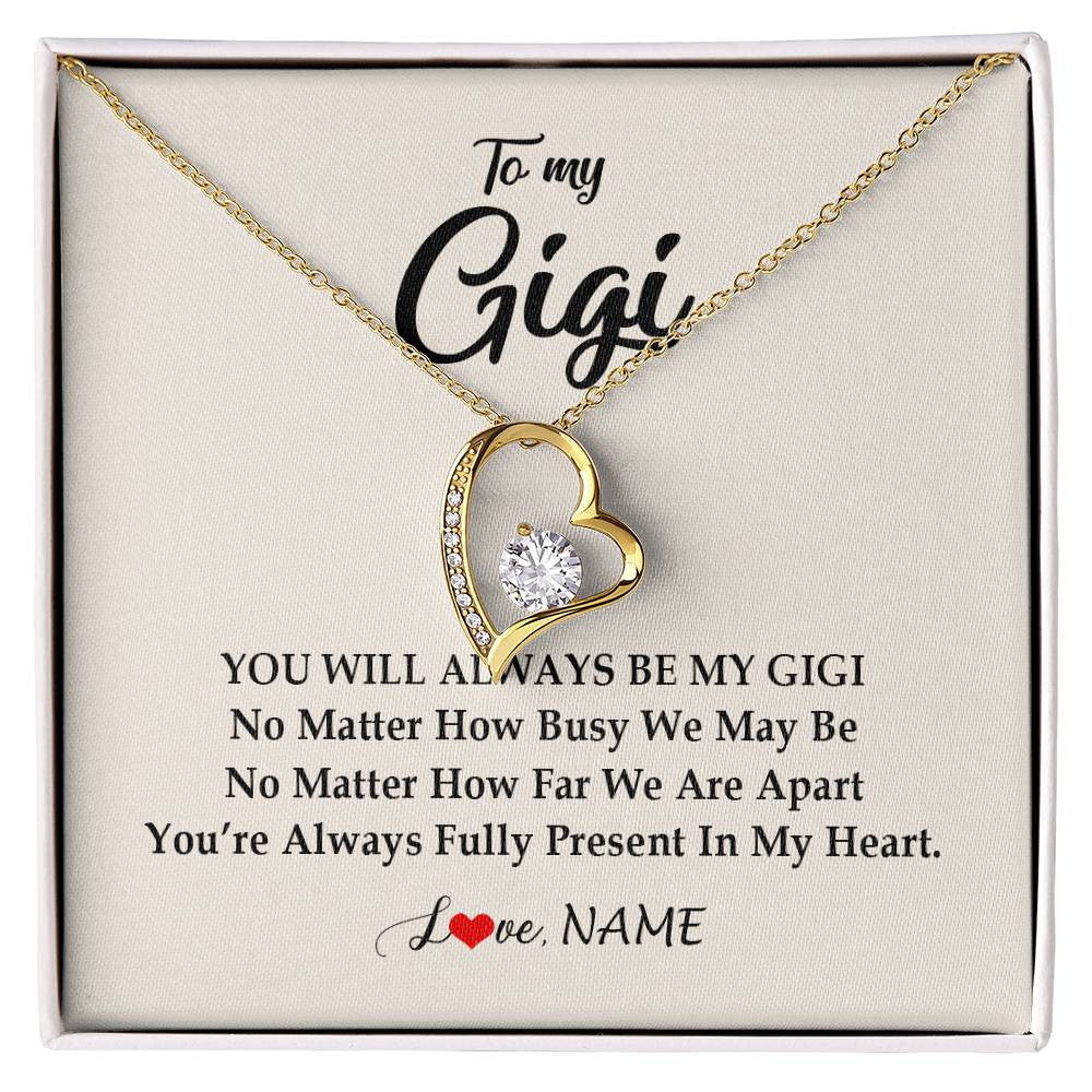 Forever Love Necklace 18K Yellow Gold Finish | Personalized Gigi Necklace From Grandkids Granddaughter Grandson You're Always In My Heart Gigi Birthday Mothers Day Christmas Customized Gift Box Message Card | teecentury