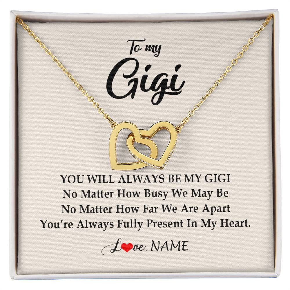 Interlocking Hearts Necklace 18K Yellow Gold Finish | Personalized Gigi Necklace From Grandkids Granddaughter Grandson You're Always In My Heart Gigi Birthday Mothers Day Christmas Customized Gift Box Message Card | teecentury