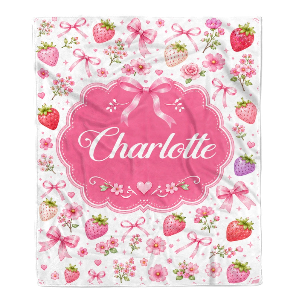 Personalized Girl Strawberry Coquette Bow Flowers Blanket Custom Name Baby Shower Pink Floral Throw For Kids Room Decor Birthday Gift Daughter Fleece Blanket | teecentury