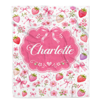 Personalized Girl Strawberry Coquette Bow Flowers Blanket Custom Name Baby Shower Pink Floral Throw For Kids Room Decor Birthday Gift Daughter Fleece Blanket | teecentury