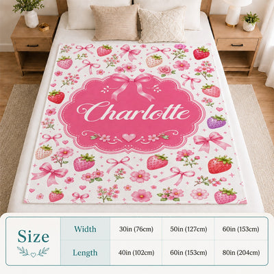 Personalized Girl Strawberry Coquette Bow Flowers Blanket Custom Name Baby Shower Pink Floral Throw For Kids Room Decor Birthday Gift Daughter Fleece Blanket | teecentury