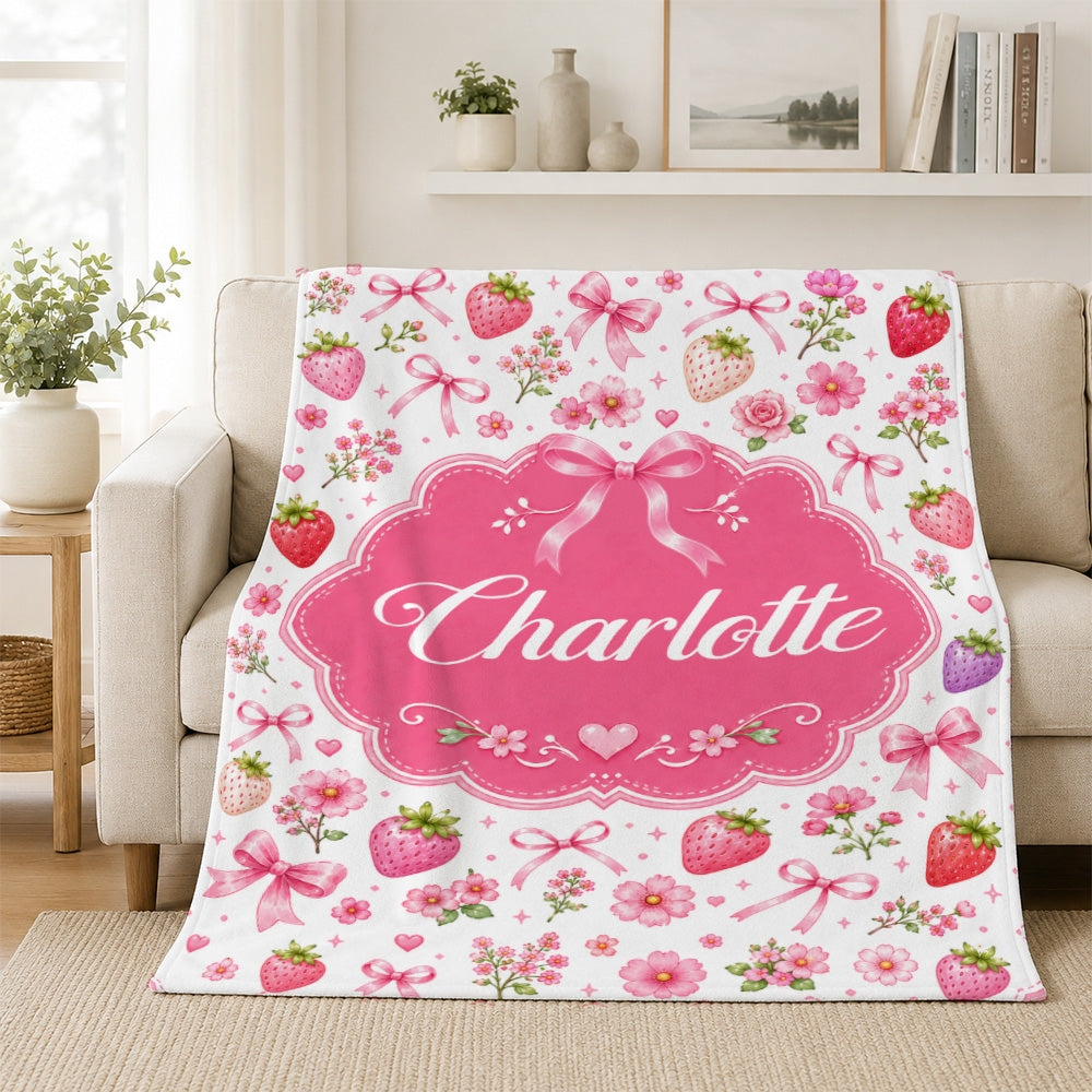 Personalized Girl Strawberry Coquette Bow Flowers Blanket Custom Name Baby Shower Pink Floral Throw For Kids Room Decor Birthday Gift Daughter Fleece Blanket | teecentury