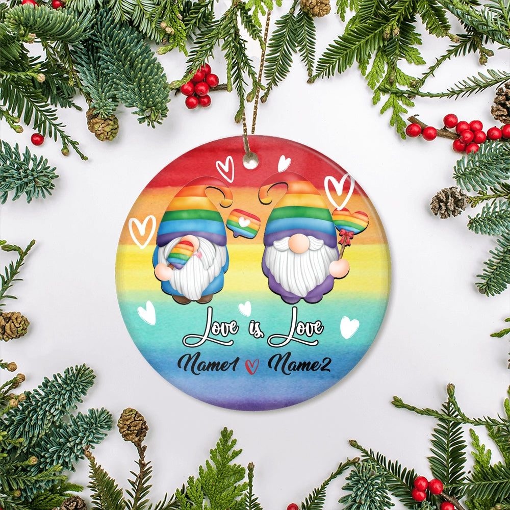 Personalized Gnome Couple LGBT Ornament Couple LGBTQ Christmas Tree Gay Lesbian Rainbow Friend Lovers Love is Pride Customized Christmas Tree Ornament | teecentury