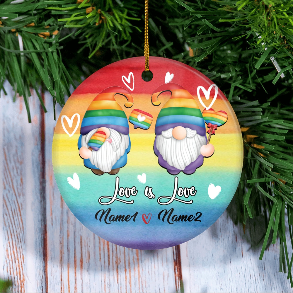Personalized Gnome Couple LGBT Ornament Couple LGBTQ Christmas Tree Gay Lesbian Rainbow Friend Lovers Love is Pride Customized Christmas Tree Ornament | teecentury