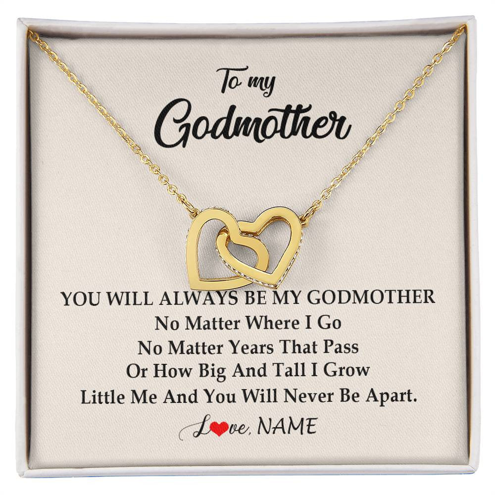 Interlocking Hearts Necklace 18K Yellow Gold Finish | Personalized Godmother Necklace From Goddaughter Niece You Will Always Be My Godmother Birthday Mothers Day Christmas Customized Gift Box Message Card | teecentury