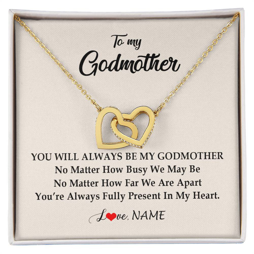 Interlocking Hearts Necklace 18K Yellow Gold Finish | Personalized Godmother Necklace From Goddaughter Niece You're Always In My Heart Godmother Birthday Mothers Day Christmas Customized Gift Box Message Card | teecentury