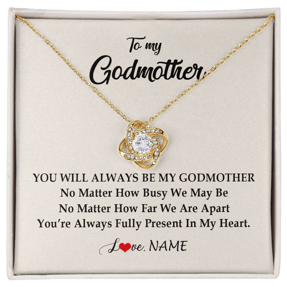 Love Knot Necklace 18K Yellow Gold Finish | Personalized Godmother Necklace From Goddaughter Niece You're Always In My Heart Godmother Birthday Mothers Day Christmas Customized Gift Box Message Card | teecentury