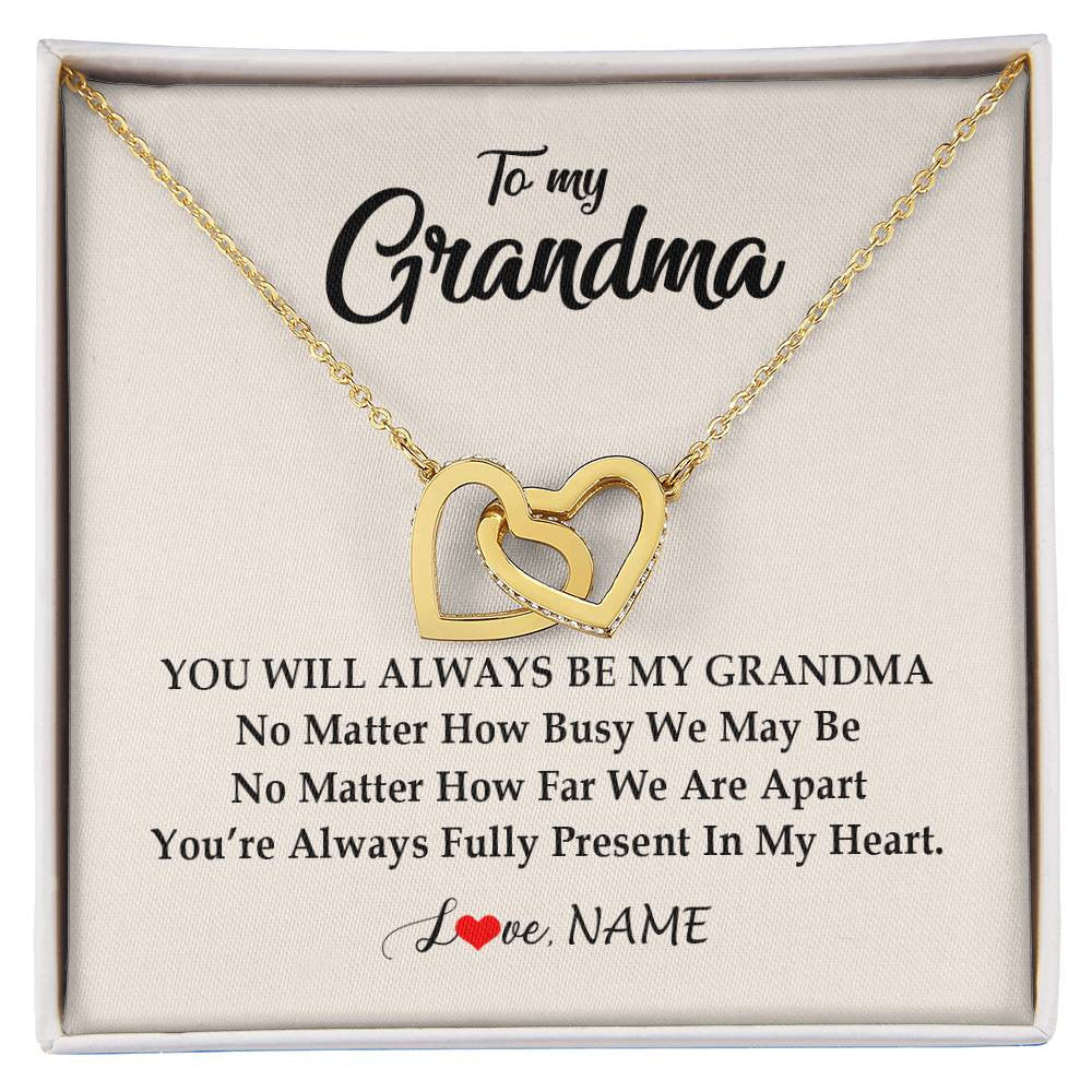 Interlocking Hearts Necklace 18K Yellow Gold Finish | Personalized Grandma Necklace From Grandkids Granddaughter Grandson You're Always In My Heart Grandma Birthday Mothers Day Customized Gift Box Message Card | teecentury