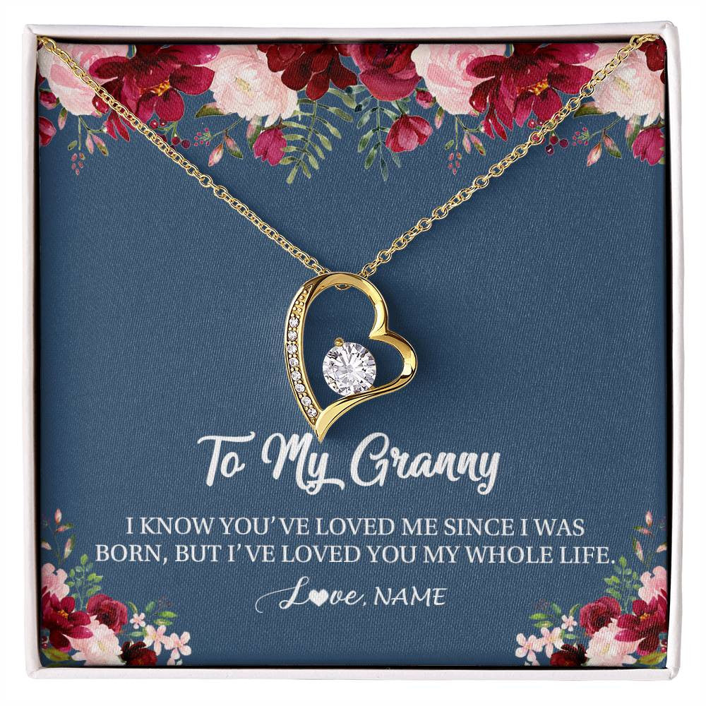 Forever Love Necklace 18K Yellow Gold Finish | Personalized Granny Necklace From Grandkids Granddaughter Grandson I've Loved You My Whole Life Floral Granny Birthday Mothers Day Christmas Customized Message Card | teecentury