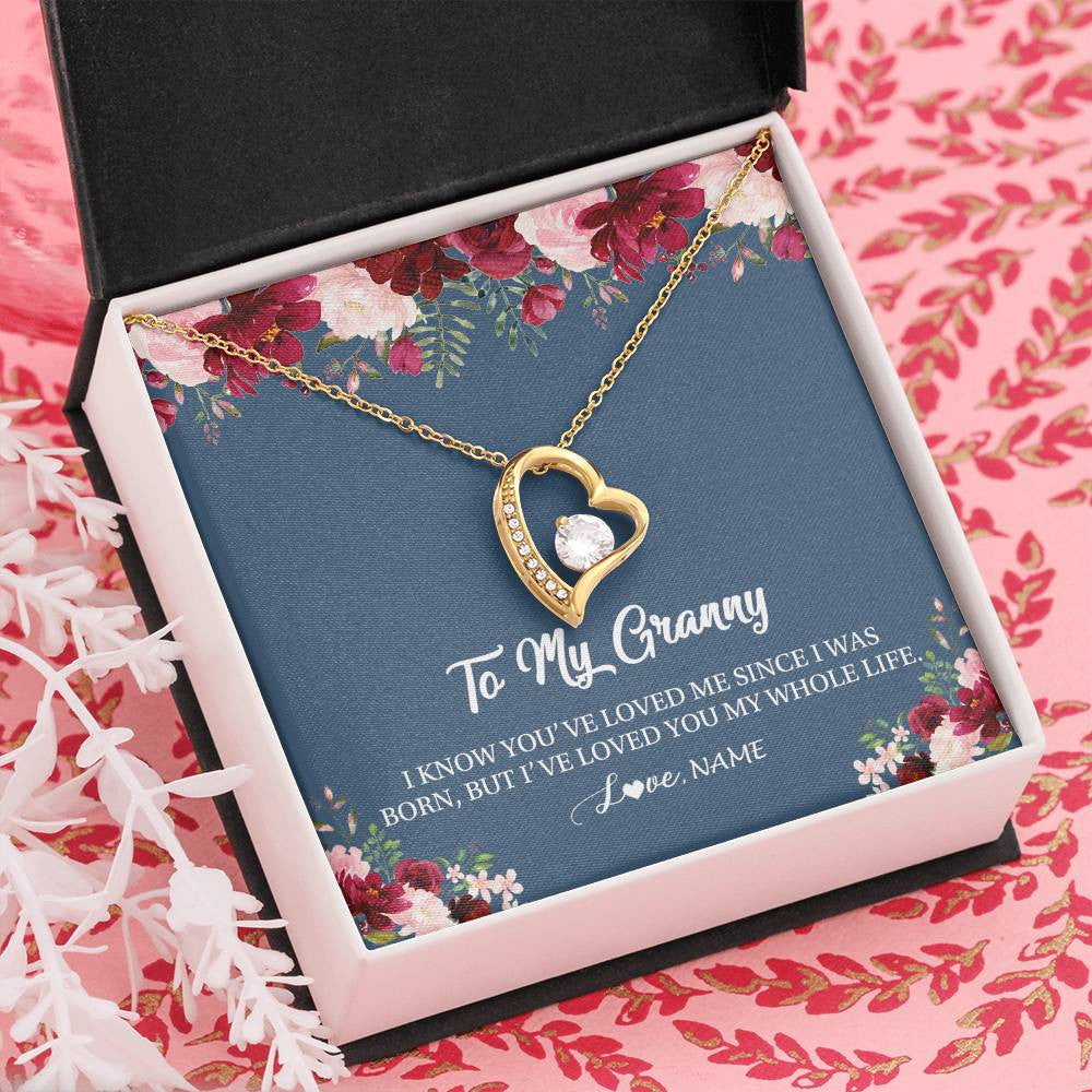 Forever Love Necklace 18K Yellow Gold Finish | Personalized Granny Necklace From Grandkids Granddaughter Grandson I've Loved You My Whole Life Floral Granny Birthday Mothers Day Christmas Customized Message Card | teecentury