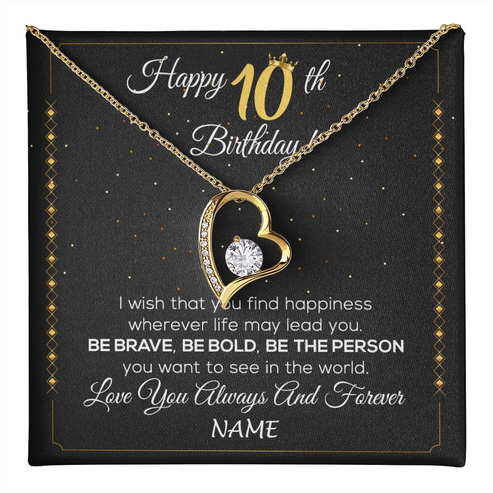 Forever Love Necklace 18K Yellow Gold Finish | 1 | Personalized Happy 10Th Birthday Necklace For Her Girls Daughter Niece Sister Goddaughter Granddaughter 10 Year Old Birthday Customized Gift Box Message Card | teecentury