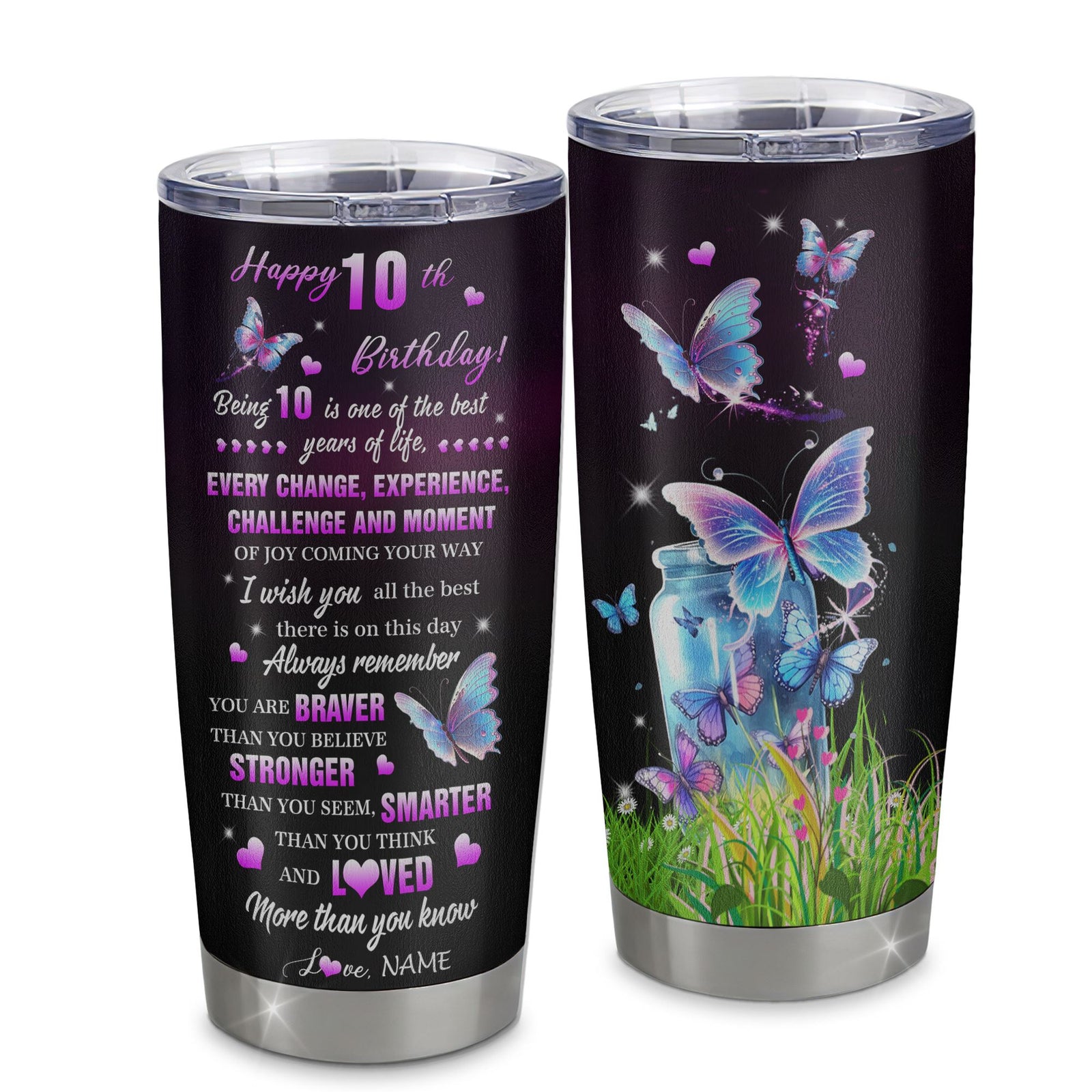 Personalized Happy 10th Birthday Decorations Tumbler Stainless Steel Cup Butterfly Sweet Ten Sweet 10 Gifts For Girls Teen Birthday 10 Year Old Travel Mug | teecentury