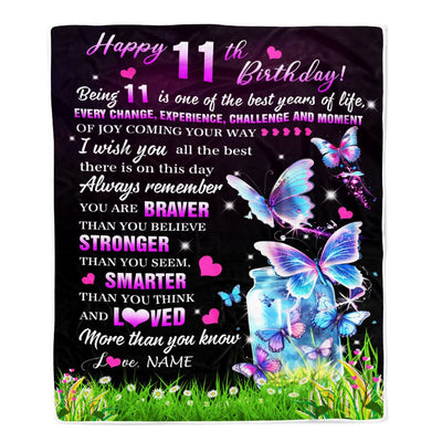 Personalized Happy 11th Birthday Decorations Blanket Butterfly Sweet Eleven Sweet 11 Gifts For Girls Teen Birthday 11 Year Old Customized Fleece Blanket | teecentury