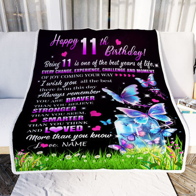 Personalized Happy 11th Birthday Decorations Blanket Butterfly Sweet Eleven Sweet 11 Gifts For Girls Teen Birthday 11 Year Old Customized Fleece Blanket | teecentury