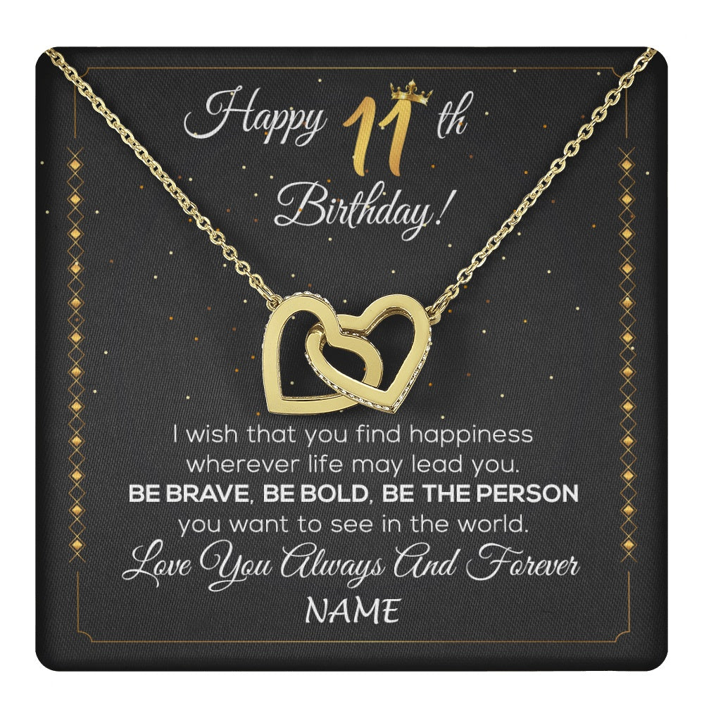 Interlocking Hearts Necklace 18K Yellow Gold Finish | 1 | Personalized Happy 11th Birthday Necklace For Her Women Daughter Niece Sister Goddaughter Granddaughter 11 Year Old Birthday Customized Gift Box Message Card | teecentury.myshopify