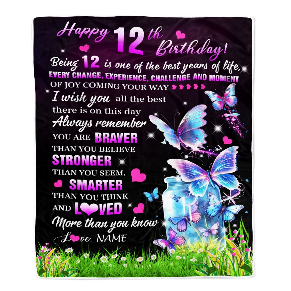 Personalized Happy 12th Birthday Decorations Blanket Butterfly Sweet Twelve Sweet 12 Gifts For Girls Teen Birthday 12 Year Old Customized Fleece Blanket | teecentury