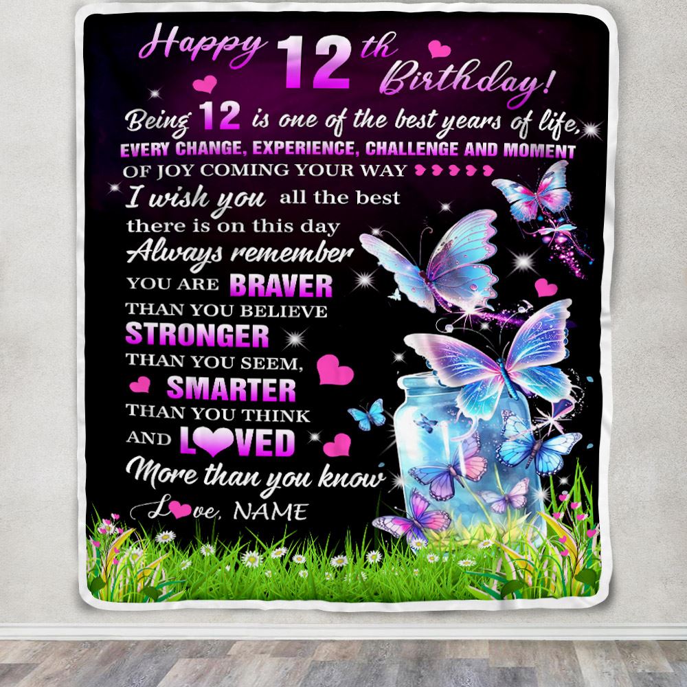 Personalized Happy 12th Birthday Decorations Blanket Butterfly Sweet Twelve Sweet 12 Gifts For Girls Teen Birthday 12 Year Old Customized Fleece Blanket | teecentury